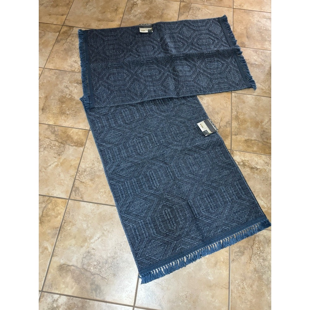 Off The Loom Navy Blue Accent Rugs 30x45 Geometric Washable NWT Set of 2